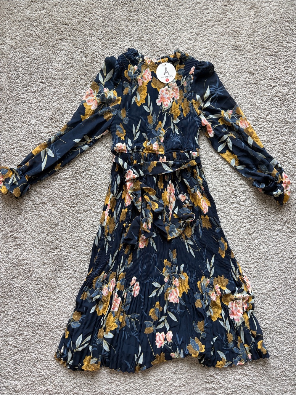 Navy Floral Midi Dress with Self Tie Belt